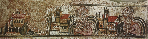 Fig. 13 : Umm er-Rasas (Jordanie), église du prêtre Wa’il, VIe siècle. Détail : panneau de l’entrecolonnement sud-ouest © Michele Piccirillo, The Mosaics of Jordan, Amman, American Center of Oriental Research, 1993, p. 243