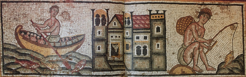 Fig. 15 : Khirbat al-Mukhayyat (Jordanie), panneau d’entrecolonnement nord-est, VIe siècle © Michele Piccirillo, The Mosaics of Jordan, Amman, American Center of Oriental Research, 1993, p. 160-161