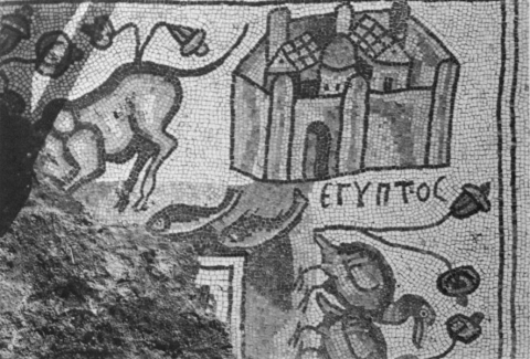 Fig. 16 : Al-Haditha (Palestine), mosaïque de pavement d’une chapelle (?), VIe siècle. Détail : représentation topographique de l’Égypte © Asher Ovadiah, Hellenistic, Roman and Early Byzantine Mosaic Pavements in Israel, Rome, 