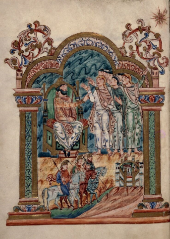 Fig. 1 : Anonyme, Sacramentaire de l’archevêque Robert de Jumièges, fol. 36v : visite des Mages à Hérode, Angleterre, vers 1120, Rouen, BM, ms. 0274 (Y.006) © Initiale IRHT