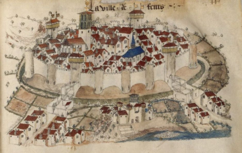 Fig. 3 : Guillaume de Revel, L’Armorial d’Auvergne : la ville de Feurs, France, vers 1456, Paris, BnF, ms.fr.22297 © Gallica BnF