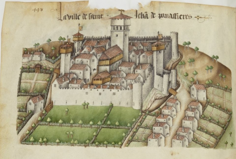 Fig. 6 : Guillaume de Revel, L’Armorial d’Auvergne : la ville de Saint-Jehan de Panassières, France, vers 1456, Paris, BnF, ms.fr.22297 © Gallica BnF