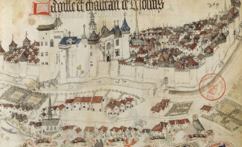 Fig. 7 : Guillaume de Revel, L’Armorial d’Auvergne : la ville de Moulins, France, vers 1456, Paris, BnF, ms.fr.22297 © Gallica BnF