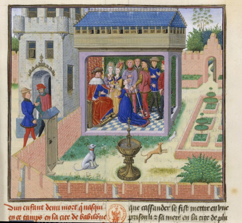 Fig. 8 : Jean Waquelin, Histoire d’Alexandre, fol. 203r : Alexandre et l’enfant monstrueux, Bruges, milieu du XVe siècle, Paris, BnF, ms.fr.9342 © Gallica BnF