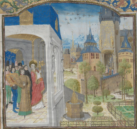 Fig. 9 : Saint Augustin, La Cité de Dieu, fol. 28r, Bruges, vers 1470, Utrecht, Universitätsbibliothek, HS 42 © Utrecht Universitätsbibliothek
