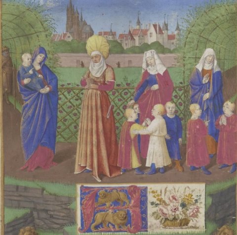 Fig. 13 : Jean Fouquet, Heures d’Étienne Chevalier, fol. 1v : sainte Anne et sa parenté, France, vers 1452, Paris, BnF, ms.nouv.acqu.lat.1416 © Gallica BnF