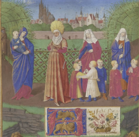 Fig. 13 : Jean Fouquet, Heures d’Étienne Chevalier, fol. 1v : sainte Anne et sa parenté, France, vers 1452, Paris, BnF, ms.nouv.acqu.lat.1416 © Gallica BnF