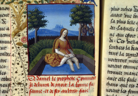 Fig. 15 : Jean Mansel, Fleur des histoires, fol. 111v : Suzanne et les vieillards, 3e quart du XVe siècle, Paris, BnF, ms.fr.55 © Gallica BnF