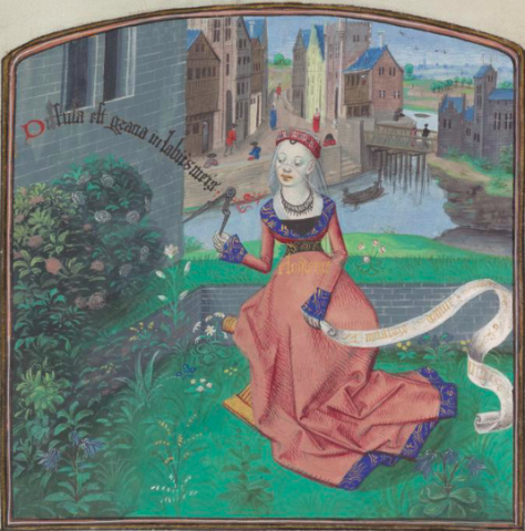 Fig. 16 : George Chastelain, Jean de Montferrand et Jean Robertet, Les douze dames de la Rhétorique, fol. 27v : Dame Éloquence, Bruges, vers 1470, Cambridge University Library, ms. Nn.3.2 © Cambridge University Library