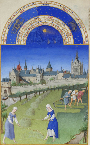 Fig. 17 : Les Frères Limbourg, Les Très Riches Heures du duc de Berry, fol. 6v : travaux des mois (Juin), France, 1410-1416, Chantilly, Musée Condé, ms. 65 © Gallica BnF
