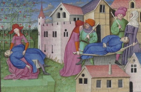 Fig. 18 : Boccace, Décaméron, fol. 164v : mort de Gabriotte, France du nord, 2e quart du XVe siècle, Paris, bibliothèque de l’Arsenal, ms-5070 réserve © Gallica BnF