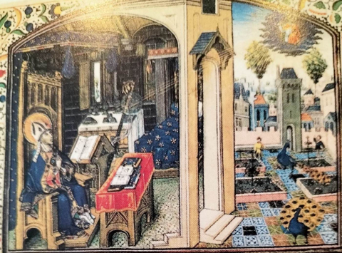 Fig. 19 : Anonyme, Soliloques, fol. 5r : saint Augustin recevant l’inspiration divine, Bruges, vers 1470, Bruxelles, Bibliothèque royale de Belgique, ms. 9297-9302 © KBR Source : Gallica