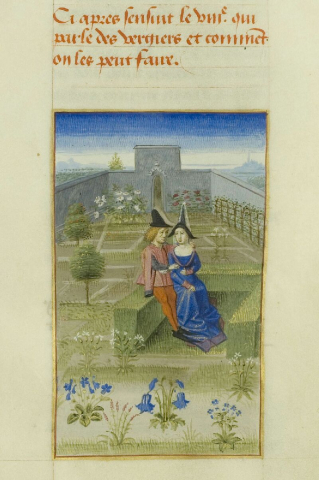 Fig. 21 : Pierre de Cescens, Rusticans, fol. 207r : couple dans un jardin, Anjou, vers 1459, Chantilly, Musée Condé, ms. 0340 © Initiale IRHT