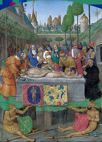 Fig. 22 : Jean Fouquet, Heures d’Étienne Chevalier : embaumement du Christ, Paris, vers 1452, Chantilly, Musée Condé, ms. 71 © Gallica BnF