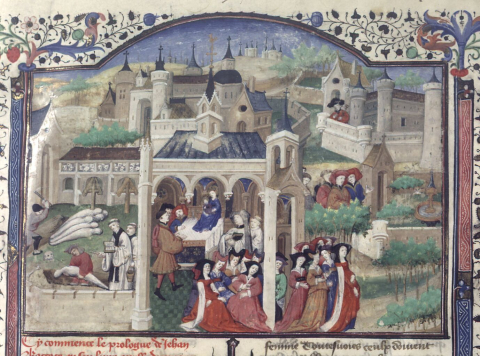 Fig. 23 : Boccace, Décaméron, fol. 1r : départ des conteurs de Florence, France, 2e quart du XVe siècle, BnF, ms.fr.239 © Gallica BnF