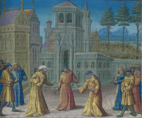 Fig. 24 : Benvenuto Rambaldi, Romuleon, traduction par Sebastian Mamerot, fol. 322r : Antoine, Auguste et Lépide, Bourges, vers 1485-1490, Paris, BnF, ms.fr.364 © Gallica BnF