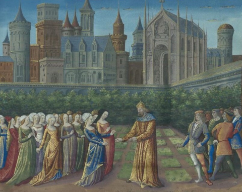 Fig. 25 : Benvenuto Rambaldi, Romuleon, traduction par Sebastian Mamerot, fol. 361r : Élagabal et prostituées, Bourges, vers 1485-1490, Paris, BnF, ms.fr.364 © Gallica BnF