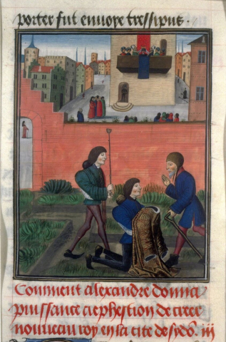 Fig. 27 : Quinte-Curce, Histoire d’Alexandre Le Grand, traduction par Vasque de Lucène, fol. 2r : Adbolonymos recevant la royauté, Bruges, vers 1470-1480, Paris, BnF, ms.fr.48 © Gallica BnF