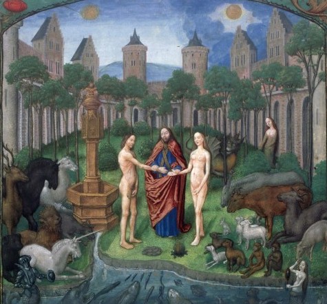 Fig. 29 : Flavius Josèphe, Antiquités Judaïques, fol. 3v : mariage d’Adam et Ève, Bruges, vers 1475, Paris, BnF, ms.fr.11 © Gallica BnF