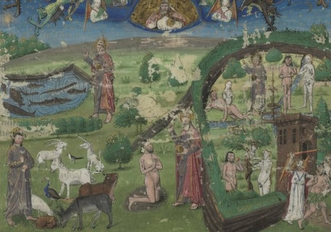 Fig. 30 : Anonyme, Miroir du monde, fol. 1r : cycle de la Genèse, Paris, XVe siècle, Paris, BnF, ms.fr.328 © Mandragore
