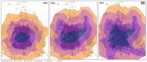 Fig. 5 : Évolution des temps de déplacement depuis le centre-ville : lignes isochrones par tranches de 10 minutes © Álvaro Ruiz Cuevas