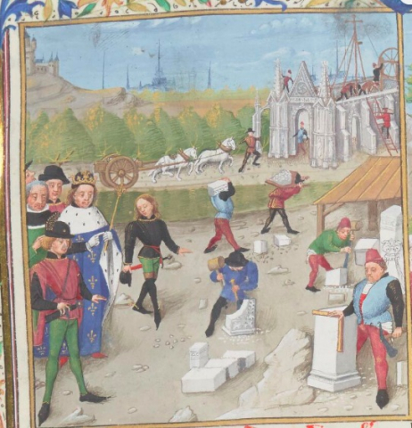 Fig. 2 : Paris, Bibliothèque nationale de France, ms. Français 2609, XVe siècle, f. 60v. Détail : Dagobert visitant le chantier de la construction de Saint-Denis © Gallica BnF