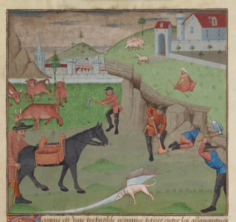 Fig. 4 : Paris, Bibliothèque nationale de France, ms. Français 22971, Le secret de l'histoire naturelle contenant les merveilles et choses mémorables du monde, 1401-1500, f. 53r. Détail : scène d’extraction de la pierre © Gallica BnF