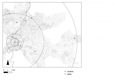 Fig. 5 : Localisation des carrières avec des cercles de distances par rapport à la ville de Poitiers (SIG) © Héloïse Dupin