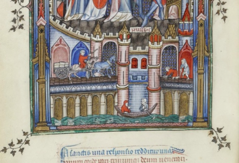 Fig. 7 : Paris, Bibliothèque nationale de France, ms. Français 2092, 1317, f. 2v. Détail : saint Denis devant Fescennius © Gallica BnF