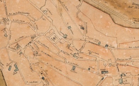 Fig. 1 : Poitiers. BM Poitiers, PL13. Anonyme. Plan topographique de la Ville de Poitiers. Poitiers, s. n., 1786. Détail : Salle de spectacle de Poitiers, de plan circulaire, à la jonction entre la rue de la Comédie et rue d’Enfer.