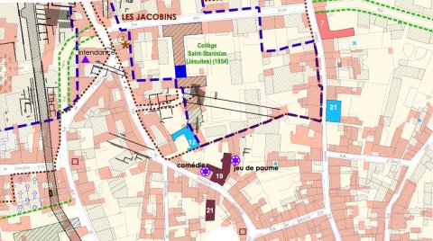 Fig. 2 : Poitiers. Grand Poitiers. DRAC Poitou-Charentes. Plan historique de la ville de Poitiers. Document annexe au « Cahier I du rapport de Présentation du plan de sauvegarde et de mise en valeur », 2021. Détail : Plan de la Comédie de Poitiers, rue de l’Ancienne comédie.