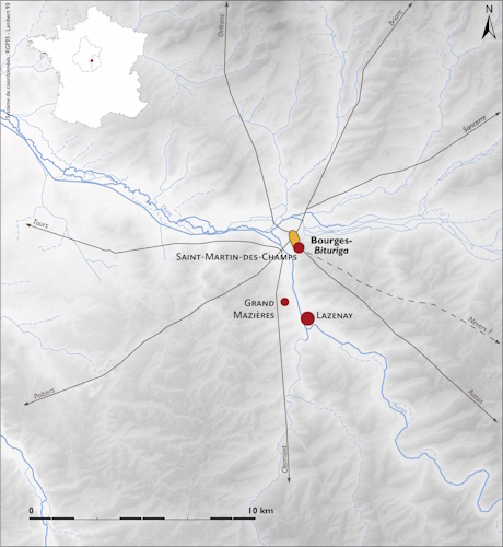 Fig. 5 : Carte des gisements de chaussures dans le secteur de Bourges