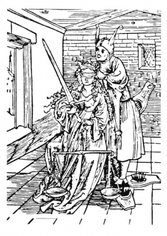 Fig. 1. : S. Brant, « Le fou bande les yeux de la justice » (Das Narrenschiff, 1494)