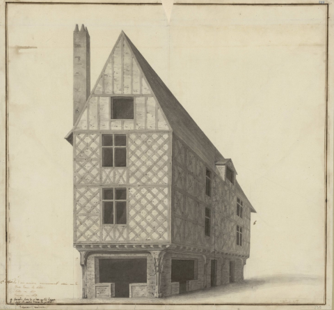 Fig. 4 : Poitiers, Médiathèque François-Mitterrand (Grand Poitiers), ms. 547, Monuments du Poitou : plans, vues, détails, inscriptions, 1701, vol. 2, f. 239r. Détail : dessin d’une maison en pan de bois avant démolition en 1821, sise à l’angle des rues du Marché et de la Cathédrale