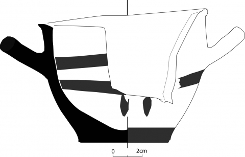 Fig. 3 : Dessin de la tazzetta indigène à décoration monochrome du sondage A1, fouilles de l’Université de Milan à l’Incoronata (DAO : C. BELLAMY, d’après I Greci sul Basento, (op. cit. n. 12), fig. 33.4 p. 93)