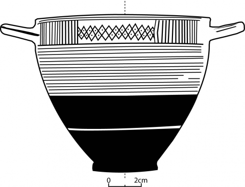 Fig. 4 : Dessin d’une kotyle du Protocorinthien Ancien, Almunecar, Espagne (DAO : C. BELLAMY, d’après John BOARDMAN, Aux origines de la peinture sur vase en Grèce, Londres, Thames and Hudson, 1999, fig. 168)