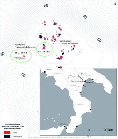 Fig. 1 : Carte de l’Italie du Sud avec la localisation de l’Incoronata, et emplacement des sondages sur la colline de l’Incoronata (DAO : F. MEADEB, C. BELLAMY et M. VILLETTE)