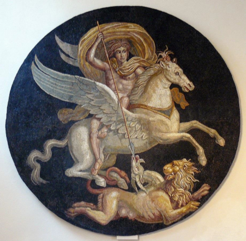 Fig. 1 : Mosaïque dite du Bellérophon d’Autun (Saône-et-Loire), Cité des Éduens,  IIe siècle. Musée Rolin d’Autun