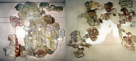 Fig. 3 : Peintures murales du site de Vaulabelle à Auxerre (Yonne) : nymphe et paysage sacro-idyllique. Cité des Éduens. 2e moitié du Ier siècle