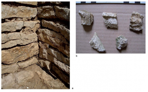 Fig. 8 : Fragments de joints regarnis et joints regarnis in situ. Champs de l’Église, site d’Alésia (Côte d’Or), cité des Mandubiens