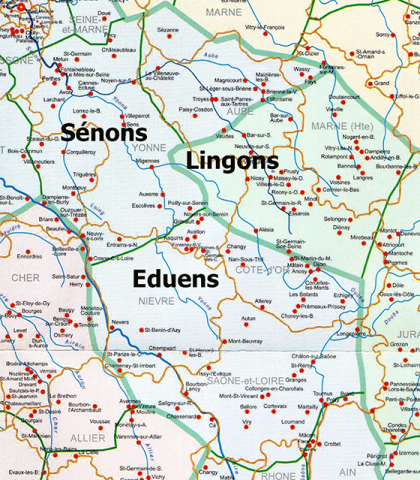 Fig. 9 : Carte du territoire des cités gallo-romaines des Éduens, des Lingons et des Sénons